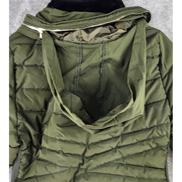 Snobbish Puffer Jacket Womens Large Olive Green Black Faux Fur Hooded Full Zip - Picture 15 of 16